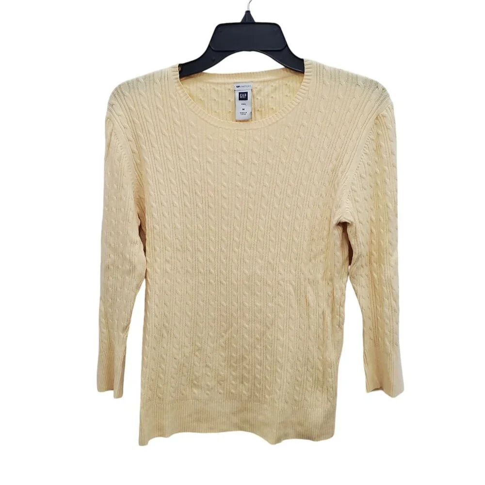 Gap Stretch Women's Vintage 90s Yellow Small Cable Knit Crew Neck Sweater Size M